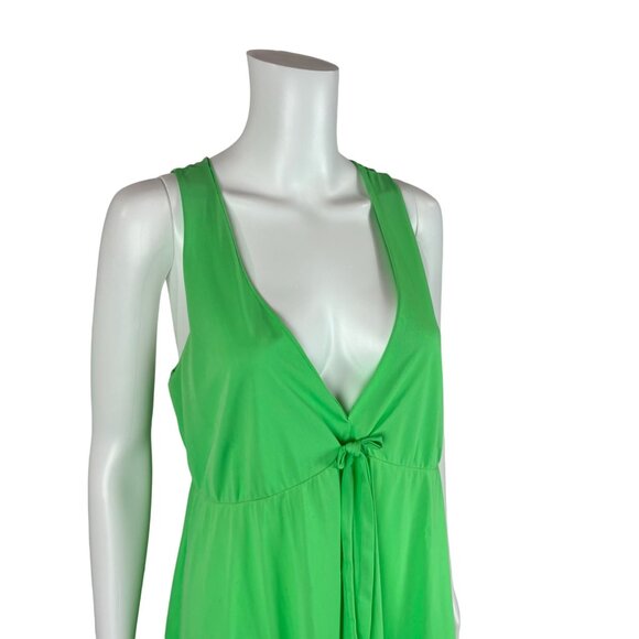 Vintage 70s Lime Nightgown Women's Medium Green Deep V Bow Neckline Racerback - Picture 4 of 11